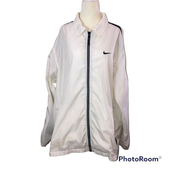 Vintage NIKE Mens White Black Stripes Full Zipper Windbreaker Jacket Sz M - Picture 1 of 12
